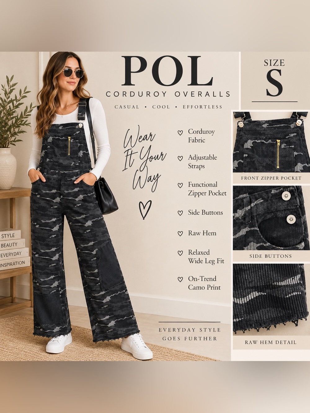 POL Black Camo Corduroy Patchwork Overalls Jumpsuit Boho Grunge Size S